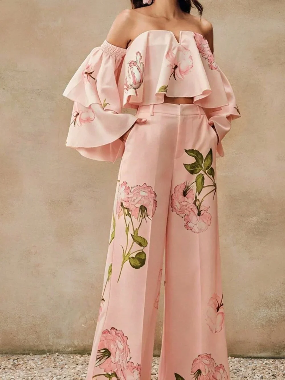 Pink Casual Women's Plants Floral Two Piece Set